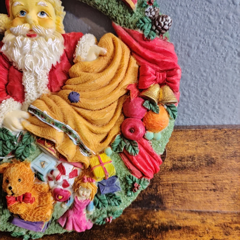 Santa Wreath Plaque Painted Vintage Wall Christmas Decor Holiday Toys Merry